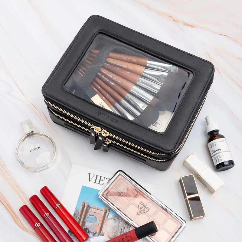 Aveniee Clear Makeup Bags, Double Layer Cosmetic Bags with a Separate Brush Compartment, Travel Toiletry Bag Train Case for Women, Travel Accessories Organizer for Purse(2 Layers Large, Black) - Image 5